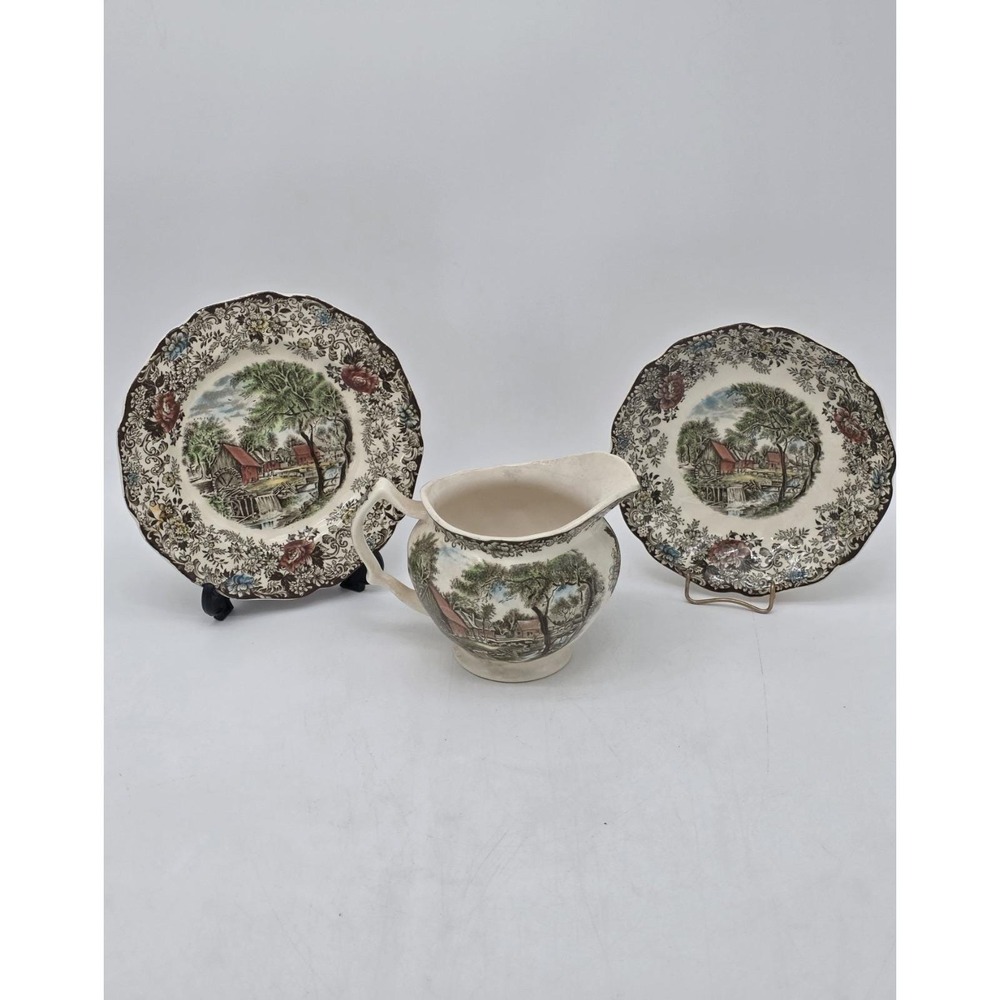 Vintage Johnson Brothers Mill Stream 3 Piece Brown Transferware Ironstone Set